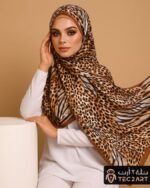 Brown multi satin scarf with leopard print