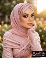Pink chiffon instant hijab with sequence work