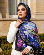 Floral print satin blue scarf