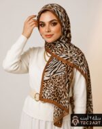 Brown multi satin scarf with leopard print