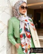 Brown satin scarf with floral print