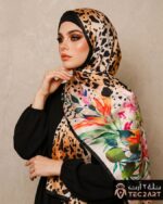 Brown satin scarf with leopard floral print