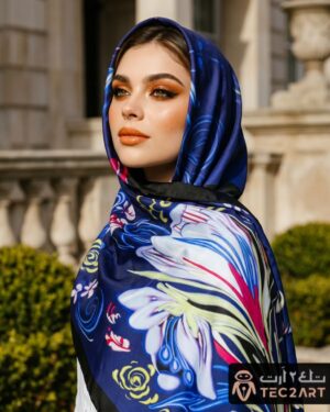Floral print blue satin scarf