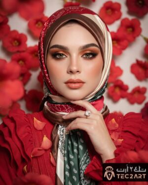 Brown satin scarf with floral print