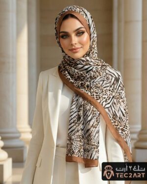 Brown multi satin scarf with leopard print