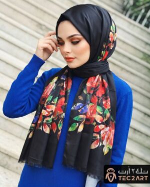 Black multi satin scarf with floral print