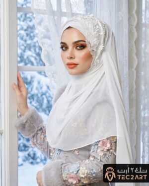 White chiffon scarf with 3D floral print