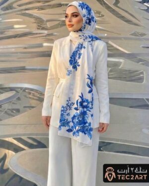 White Blue Scarf | Floral Print |Cotton | Turkish Design |European Collection | Tec2artFashion
