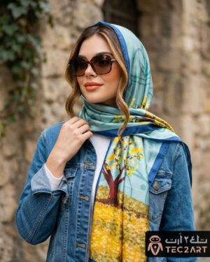 Blue multi satin scarf with floral print